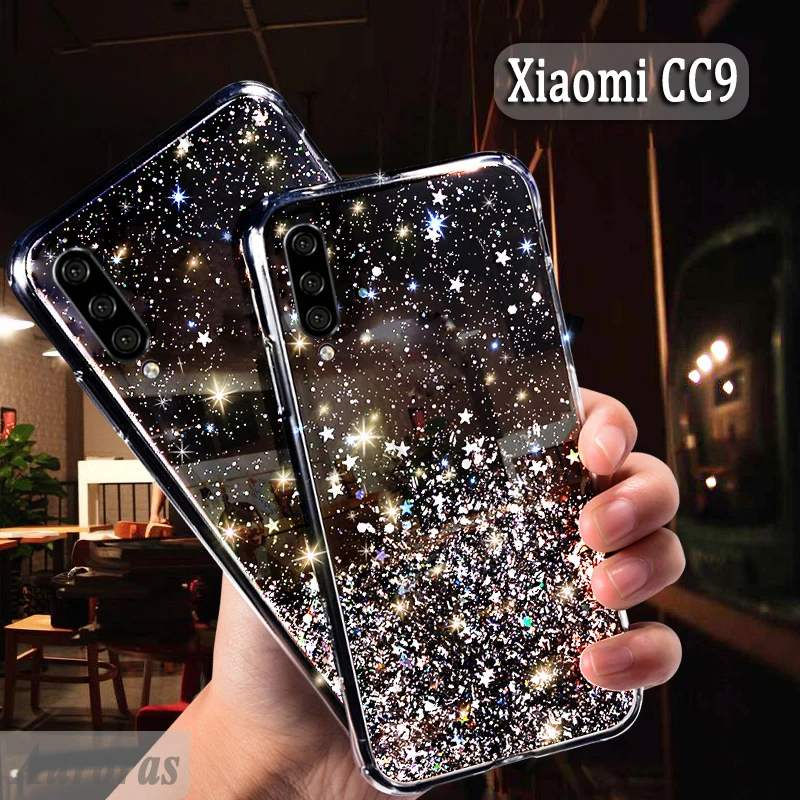 

Auroras For Xiaomi Mi CC9 Glitter Bling Sequins Case For Mi CC9 Starry Sky Transparent Soft Case Cover Full Stars Moon