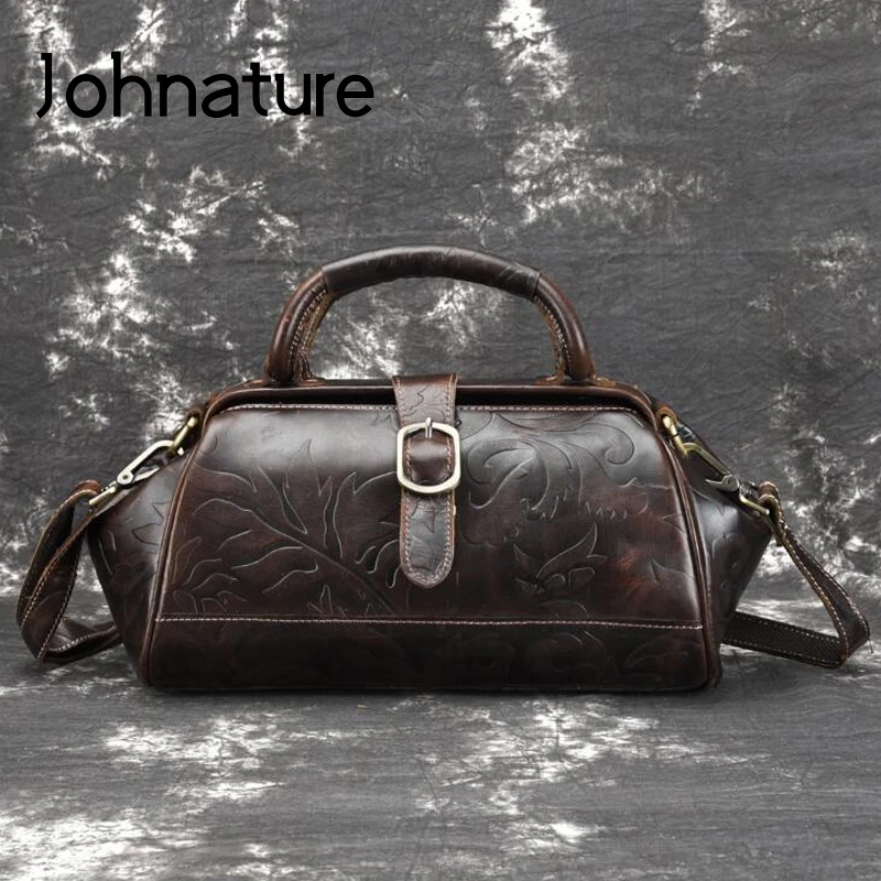 Johnature 2021 New Vintage Genuine Leather Floral Embossed Open Pocket Women Shoulder&Handbags Leisure Cowhide Messenger Bag
