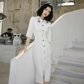 

Sexy Oversize Female Button Mermaid Party Prom Dress White Autumn New Rhinestone Flower Qipao Cheongsam Elegant Vestidos