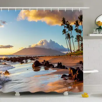 

Shower Curtain Set with Hooks 60x72 Sunset Creates Clouds Warm Glow Coconut Vegetation On Beach Nature Parks Landscape Islands
