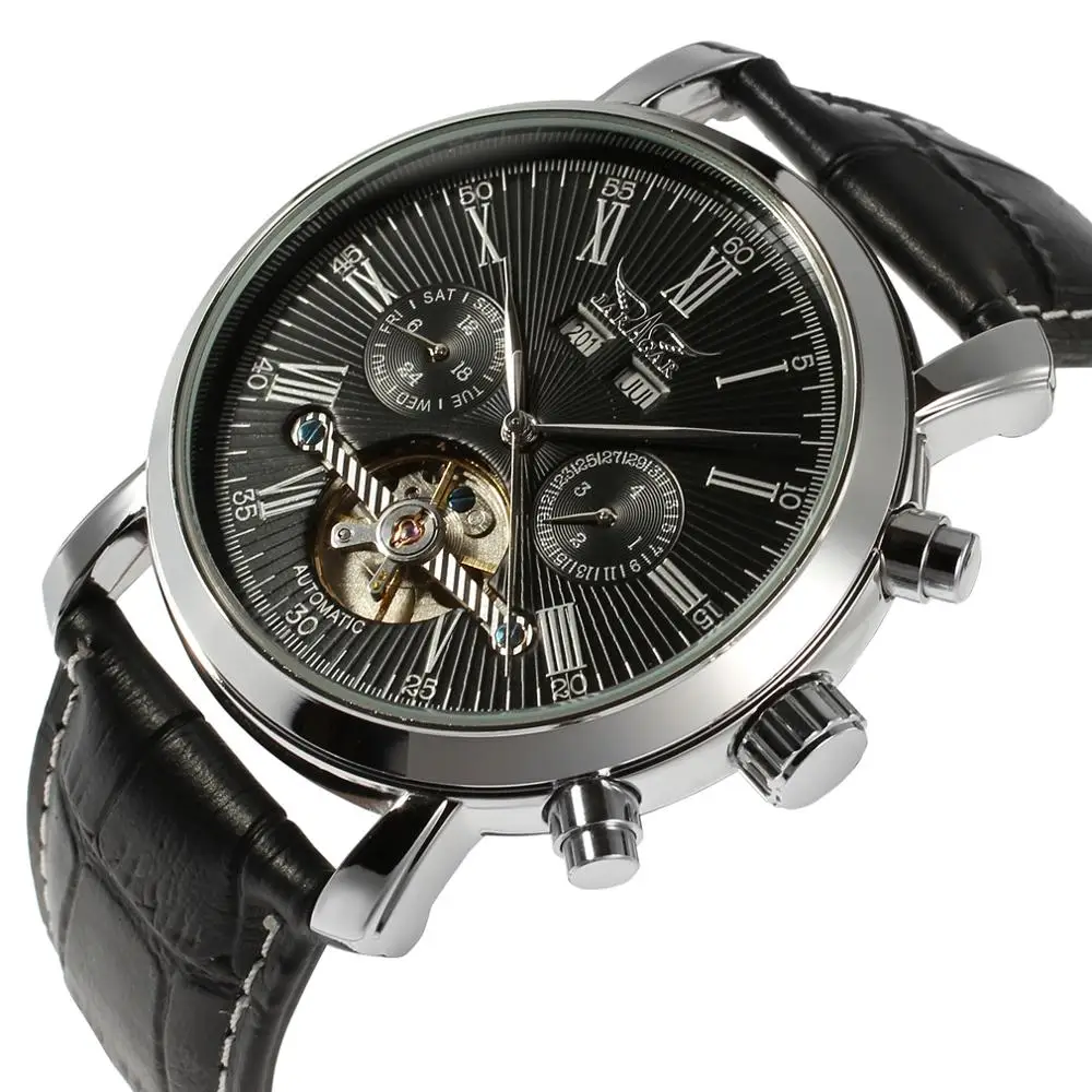 

Jaragar Fashion Automatic Mechanical Watch Men Tourbillion Male Watches Calendar Display Sub Dial Genuine Leather Montre Homme