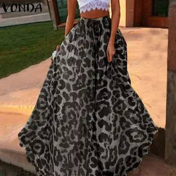 

2020 Summer Women Long Maxi Leopard Printed Pleated Skirt VONDA Female Bottom Skirt Leisure Party Night Club Ladies Skirt