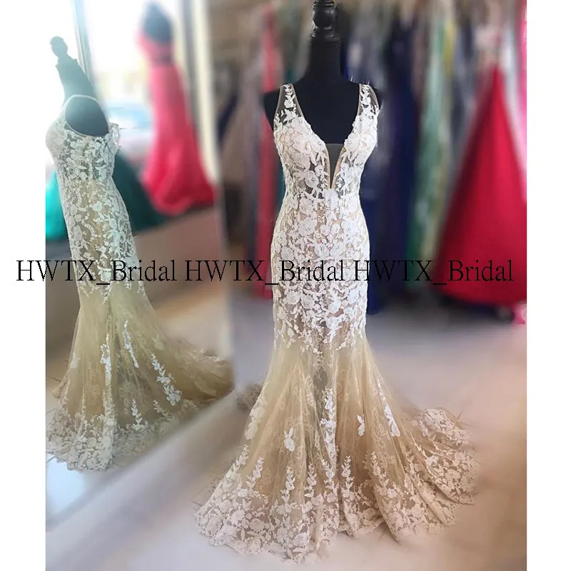 HWTX_Bridal кружево цвета шампанского с аппликацией вечернее платье без рукавов с v-образным вырезом Длинные платья для выпускного вечера Вечернее платье Robe de soiree