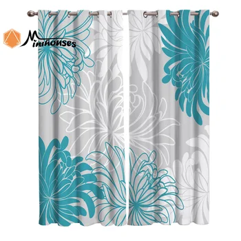 

Floral Blue Chrysanthemum Curtains Window Living Room Curtains Kitchen Indoor Window High Blackout Curtain