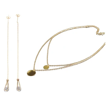 

CZ Stone Long Earrings Gold Plated Jewelry Dangle Earring & Double Layers Chain Sequins Pendant Necklace
