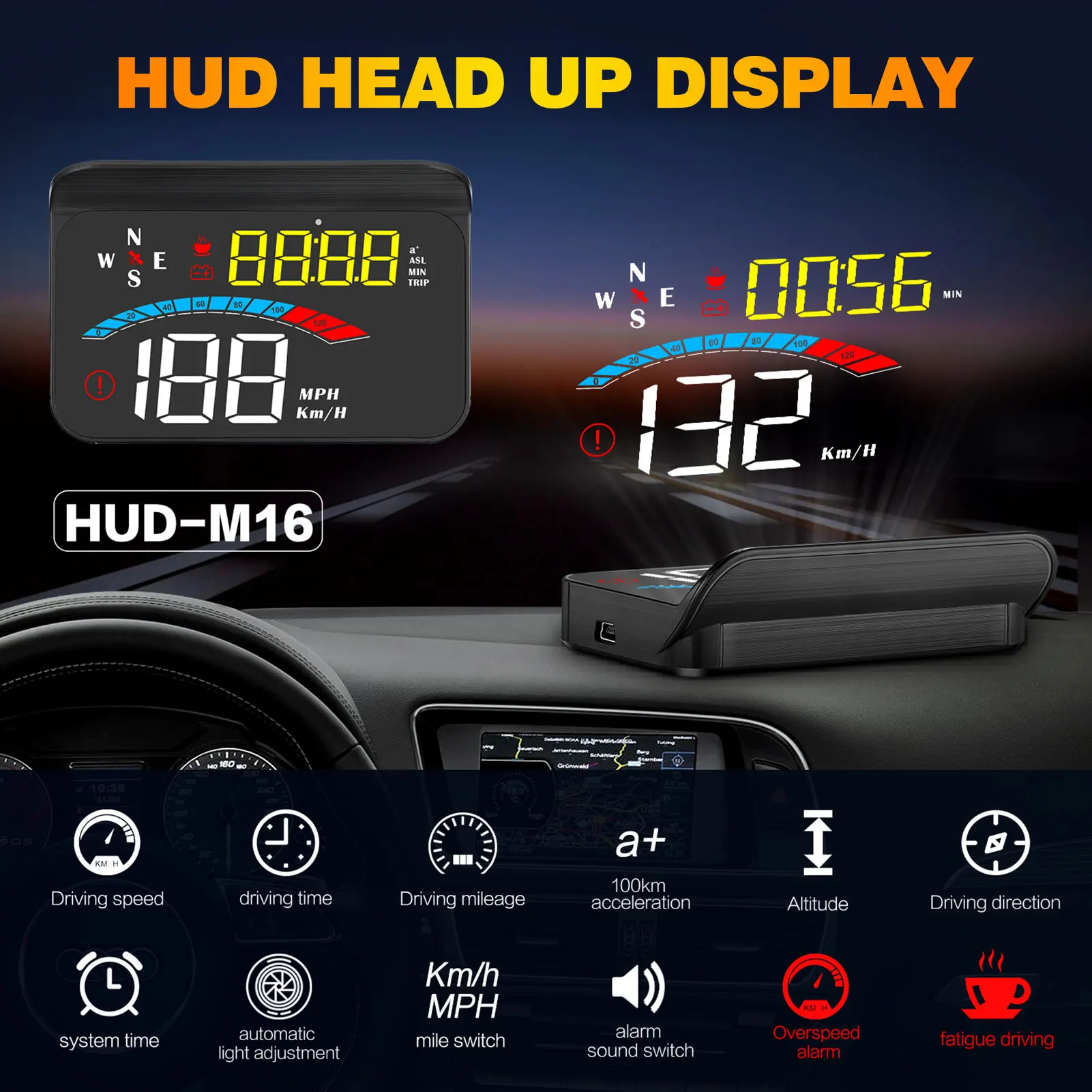 Car Head Up Display OBD2+GPS HUD Digital Odometer Security Alarm Overspeed Warning Windshield Projector System | Автомобили и