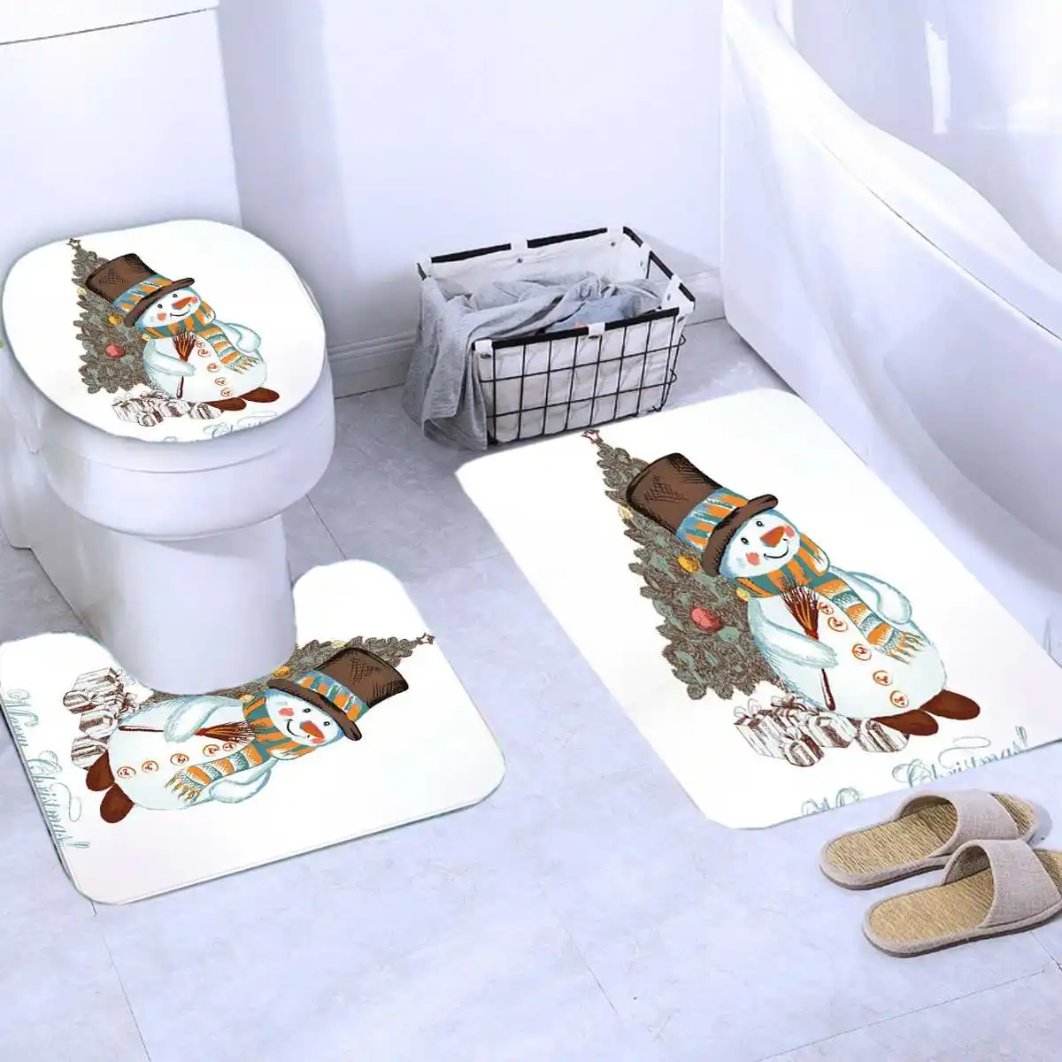 3pcs Рождественская 3D цифровая печать Снеговик Водонепроницаемая занавеска для ванной коврик для туалета коврик для ног набор из четырех предметов занавеска для ванной комнаты - Цвет: 3pcs