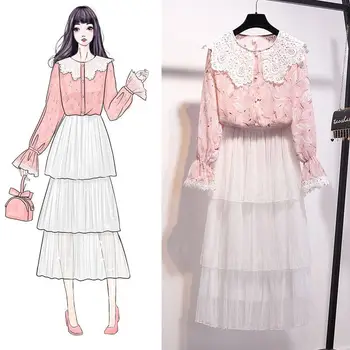 

New Spring Summer Women Sweet Two Piece Outfits Lady Vintage Floral Print Blouse + Skirt Suits Female Slim Chiffon Sets