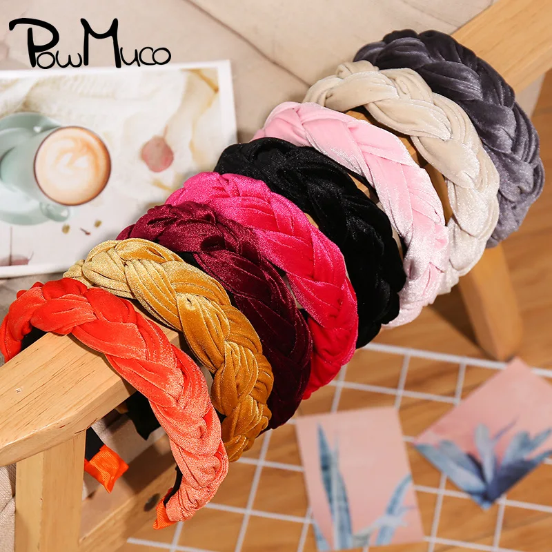 

Powmuco 17 CM Knotted Gold Velvet Hair Hoop Wide Shiny Weaving Hairbands Solid Color Braided Headband Fashion Women Accessories