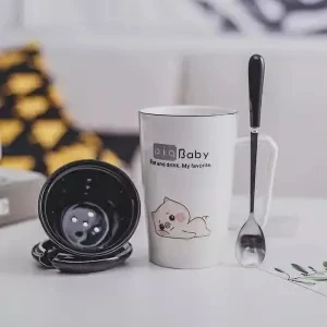 Чашка керамическая чашка Женская Студенческая Корейская версия Милая с ложкой ложка пара чашка домашняя большая емкость кофейная кружка - Цвет: 400ML set