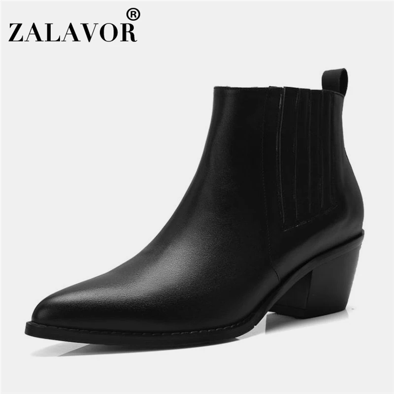 

ZALAVOR Real Leather Women Chelsea Boots Autumn Winter Warm Ankle Boots Pointed Toe Zipper Thick Heel Shoes Woman Size 34-39