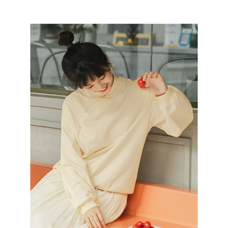 INMNA Весна новое поступление ретро китайский стиль скошенная Пряжка спущенные плечи рукав свободный женский короткий свитер
