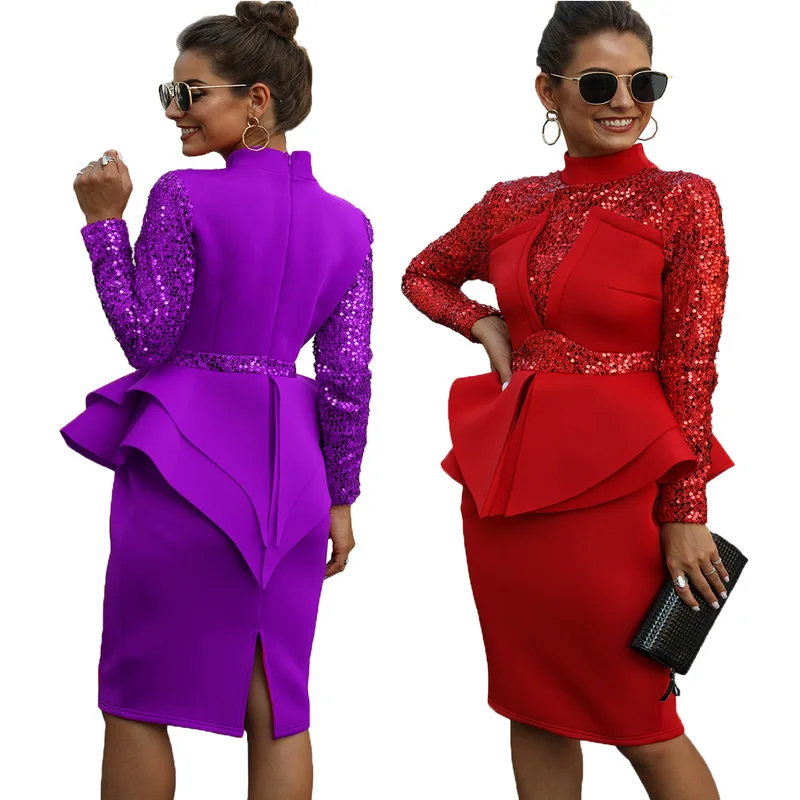 

Sequined Flaring Sexy Club Sweet Women High Waist Full Sleeve Turtleneck Women Pencil Midi Dress fashion New Arrival