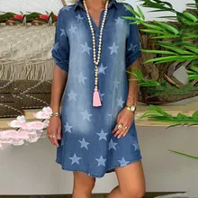 Новинка, джинсовое платье, женское летнее Повседневное платье с v-образным вырезом и принтом со звездой, Платья для вечеринок, повседневное свободное платье с коротким рукавом