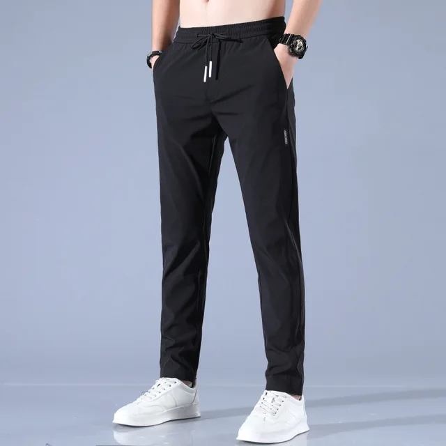 Men's Ice Silk Trousers Solid Color Mid-Waist Loose Breathable Straight-Leg Casual Pants Thin Quick-Drying Sports Pants 2