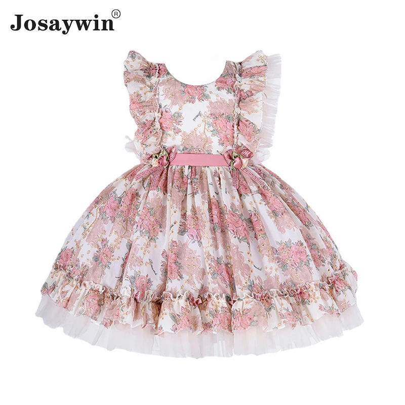 

2021 Summer Dress for Girls Baby Short Sleeve Vintage Wedding Dress Girl Ball Gown Print Lolita Bow Princess Party Vestidos