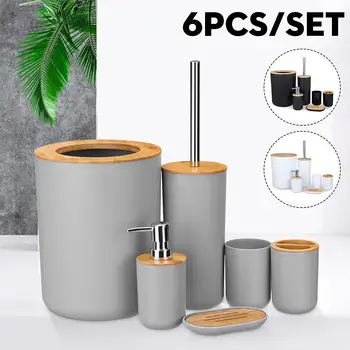 

6Pcs Trash Can Toilet Brush Bamboo Soap Dish Soap Dispenser Mouthwash Toothbrush Cup Lotion Bottle Bathroom Accessories