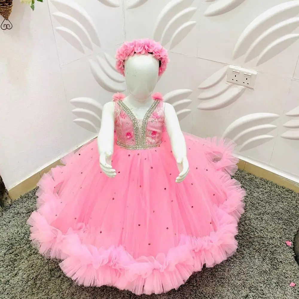 

Custom Puffy Baby Girl Dress Pink Tulle Shiny Beading Princess First Birthday Dress Pageant Party Gown Photography