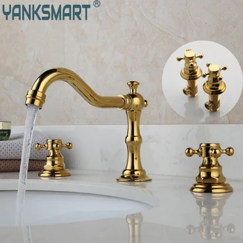 

basin faucet bathroom 3pcs set torneira gold brass faucets deck mounted sink hot cold Mixer Tap wash basin gold taps bathroom