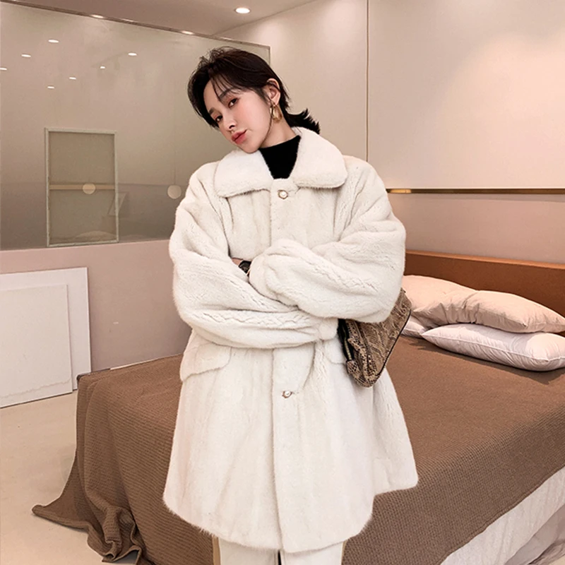 Ftangaiur2019 Winter Import Purple standard Velvet Mink Fur Coat Beige With Pockets Mink Coat Women's Medium Real Mink Fur Coats