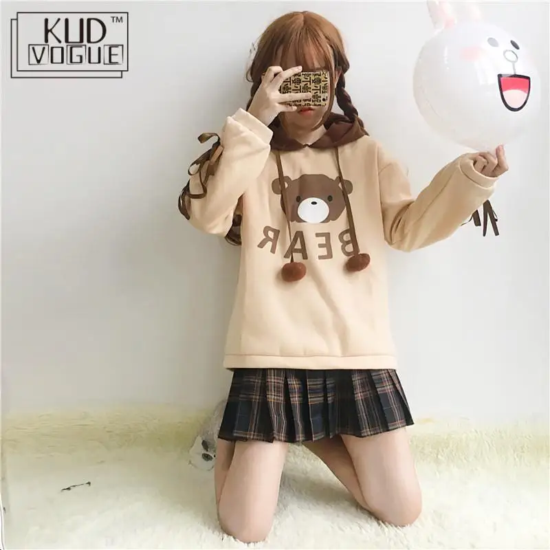 

Winter Lolita Hoodies Cute Bear Ears Lace Up Pullovers Japan Soft Girl Wild Hooded Ball Bear Print Plus Velvet Coat Sweatshirt