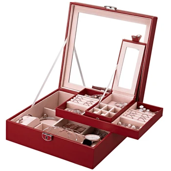 

Square With Lock Desktop Necklace Two Layers Multifunctional Earrings Bedroom Mirror Storage Box Jewelry Organizer Display Home