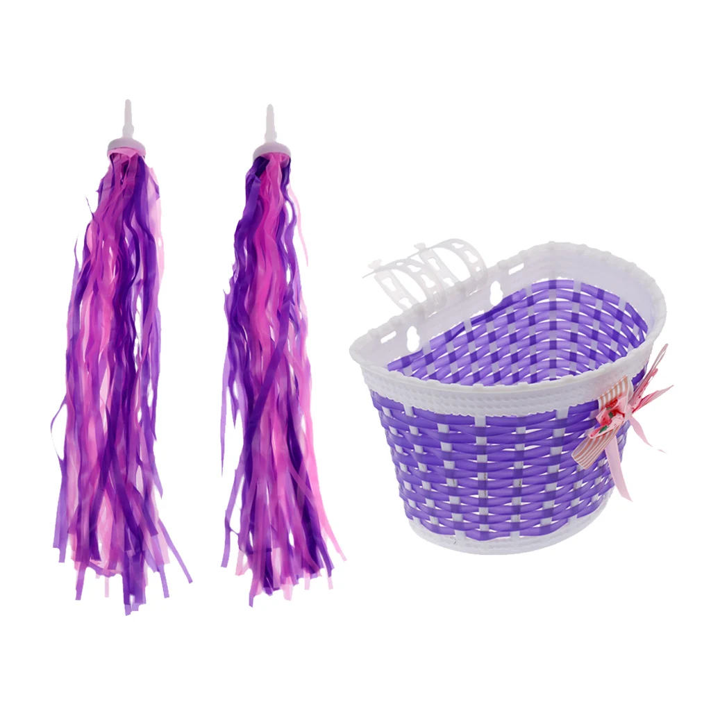 Children Kids  Front Basket+Handlebar Grip Tassels Streamers Purple