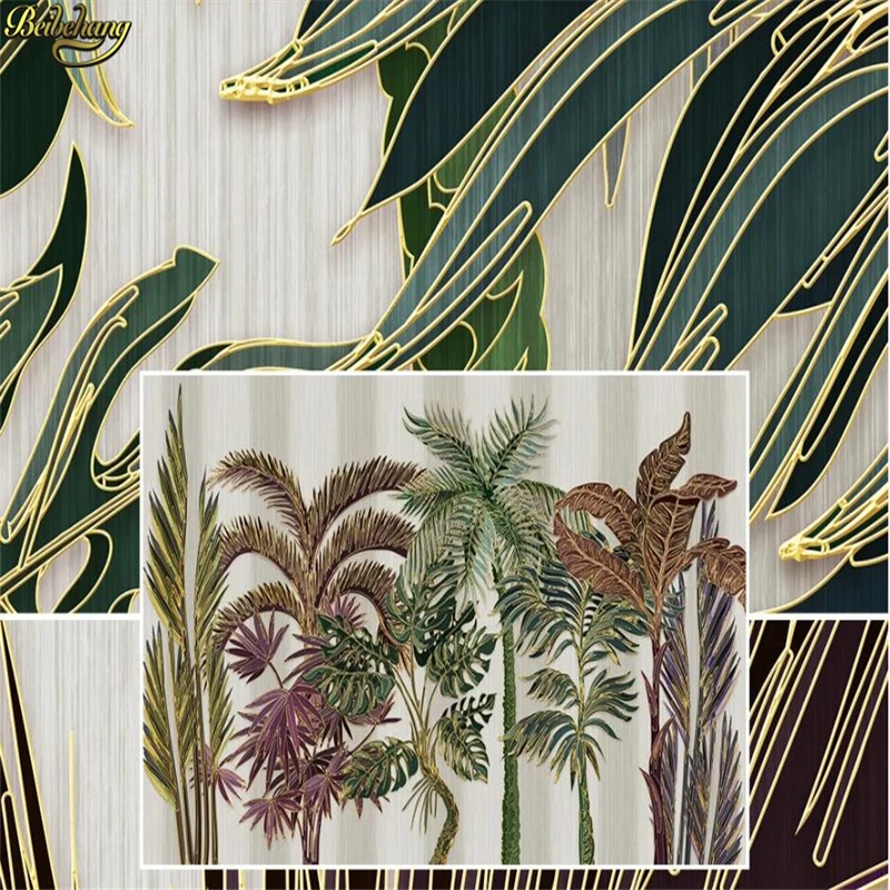 beibehang Custom wallpaper mural Nordic tropical plant forest light luxury embossed gold lines background wall papel de parede
