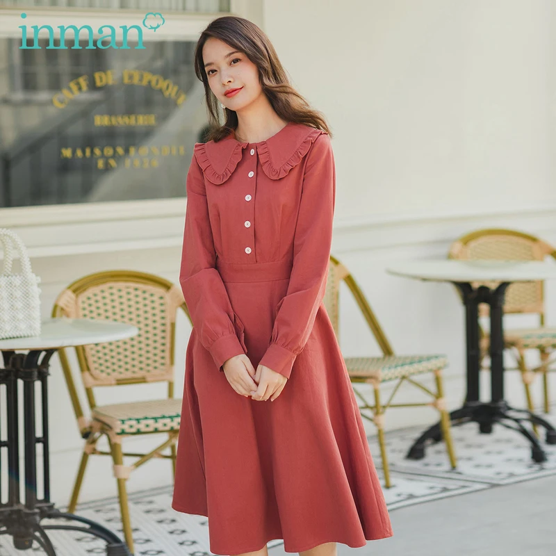 

INMAN 2020 Spring New Arrival Literary Retro Style Doll Collar Lantern Sleeve Women Elegant A Line Dress