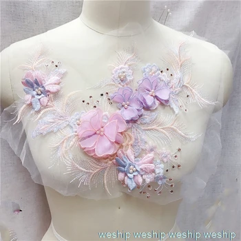 

sequin beaded 3D embroidery pink blue flowers lace patch Dress DIY veil applique parche clothes hanfu decoration