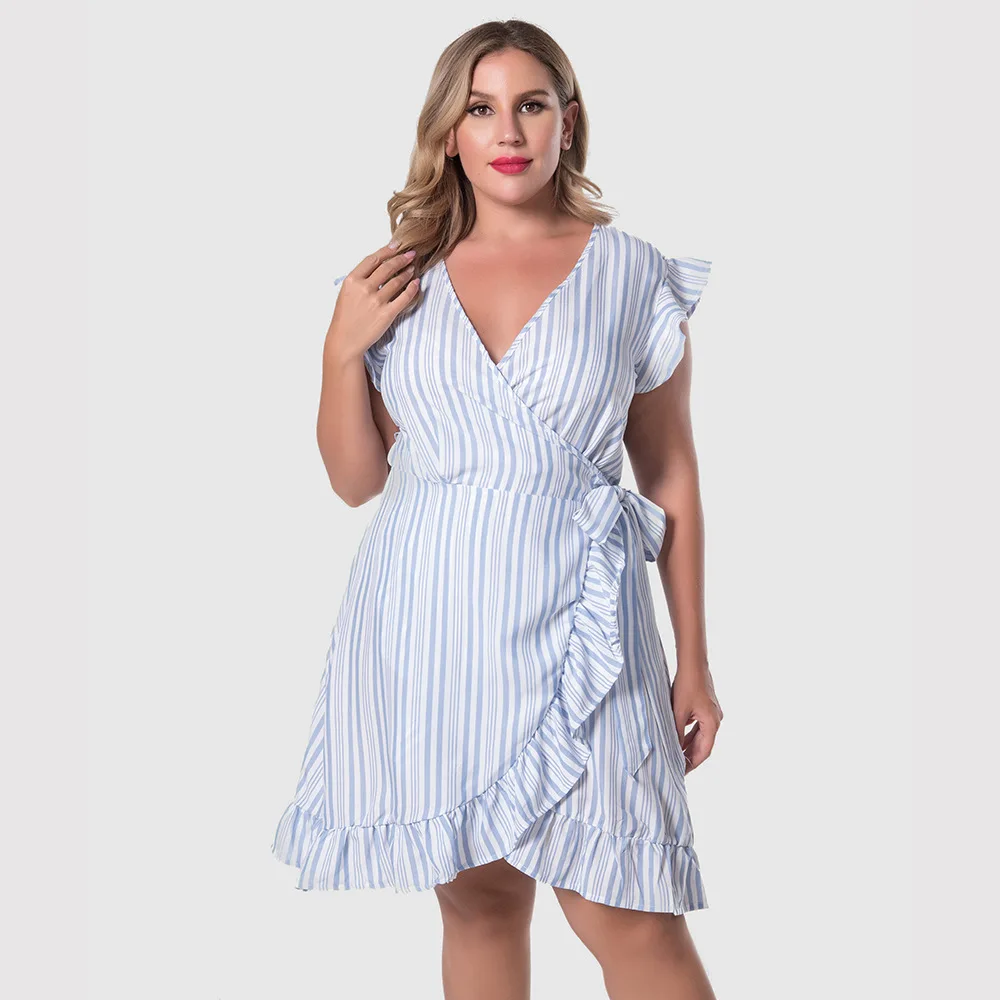 XL-4XL Elegant Women Blue Striped Plus Size Dress Short Sleeve V-neck Ruffles Dress 2021 New Summer Clothes Beach Party Vestidos