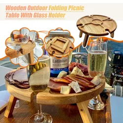 Table de pique nique pliante en bois 2 en 1, support pour verres à vin, facile à transporter, pour l'extérieur 
