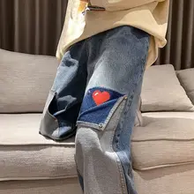 

Straight jeans men love printed trousers spring autumn new patchwork hip-hop style casual loose aesthetic wide-leg pants trend