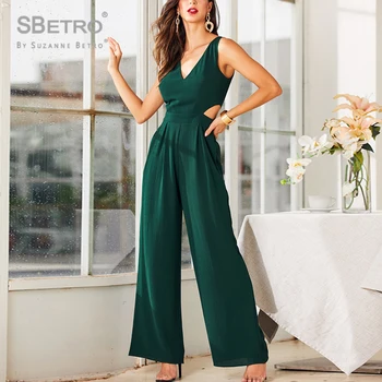 

SBetro Solid Cut-Out Wide Leg Sleeveless Jumpsuit Autumn Ladies High Waisted Playsuit Bohemian Sleeveless Jumpsuit women