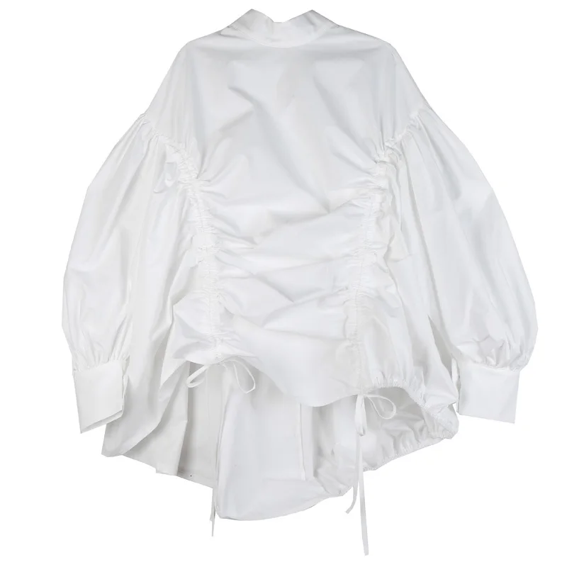[EAM] женская черная плиссированная блузка большого размера, новая рубашка свободного кроя со стоячим воротником и рукавами-фонариками, модная весенняя Осенняя 1K286 - Цвет: Milky white
