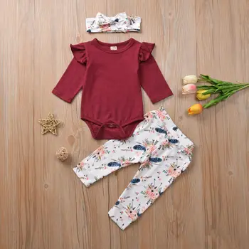 

Baby Girls Clothes Set 2019 Toddler Newborn Infant Autumn Long Sleeve Solid Bodysuit Tops Floral Pants Headband 3Pcs Outfits