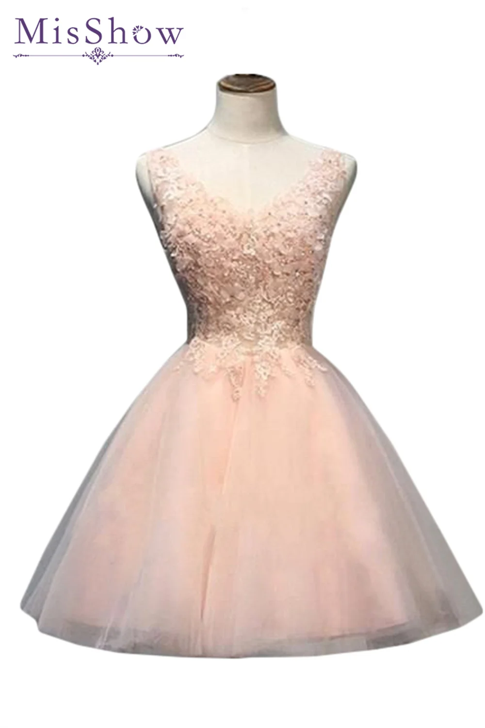 

MisShow 2022 Spring Elegant Women's Chiffon Lace Yarn Dress V Neck Sleeveless Ball Gown for Party Dinner Important Occasions