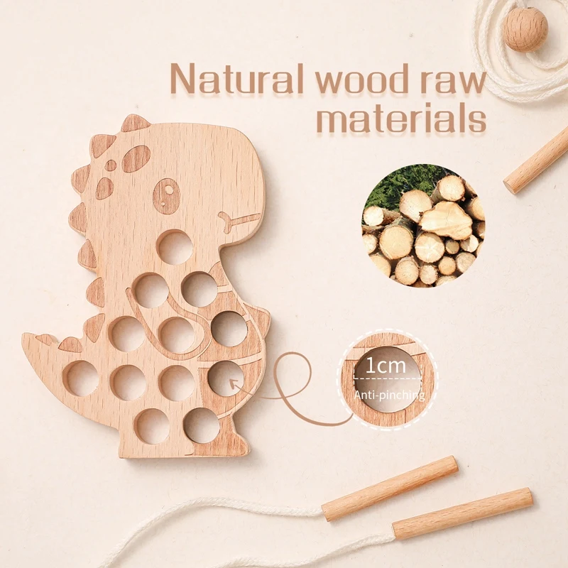 1Set Wooden Dinosaur Threading Board Toys Wood Blocks Fingers Flexible Training Montessori Fine Motor Skills Educational Gift