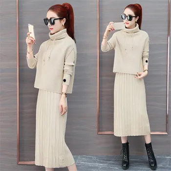 

Two Piece Sets Women's Turtleneck Sweater Tops Line Dress Suit Knitting Winter Female Ladies Casual Long Dresses Knitted Suit