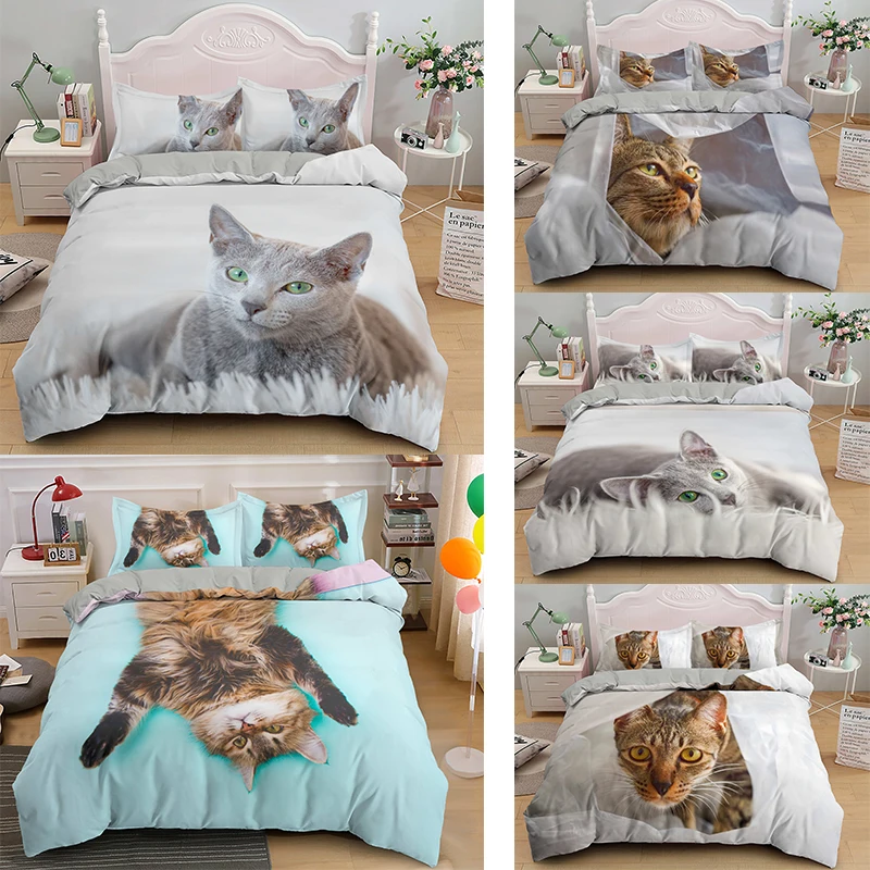 

3D Cat Bedding Set Cute Animal Pattern Duvet Cover For Kids 2/3Pcs Bed Single/Double/Twin/Full/Queen/King Size