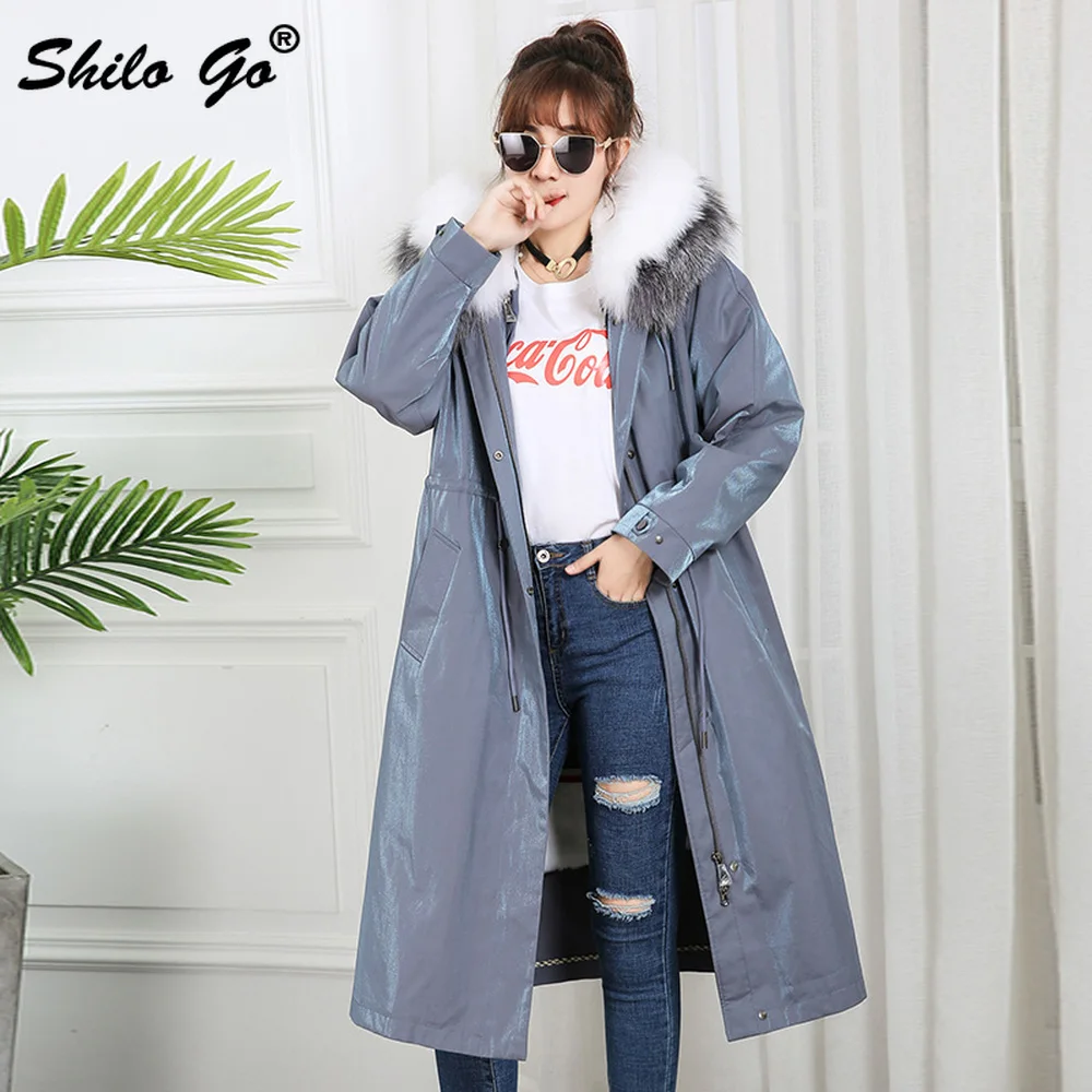 Fur Parkas Highstreet Real Fox Fur Hooded Drawstring Waist Rabbit Fur Lining Long Coat Women Winter Office Lady Workwear Outwear