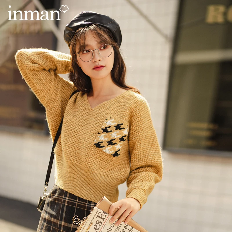 INMAN Winter Fit Slim Cube Pocket V Neck Long Sleeves Pullover Tops Women's Sweater | Женская одежда