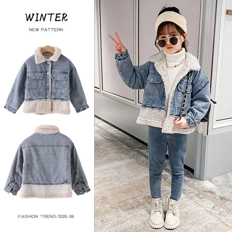 

Girls Fleece Denim Jacket Winter Thicken Warm Lambswool Outerwear Kids Clothing 2020 New Korean Children Fashion Coat Tops