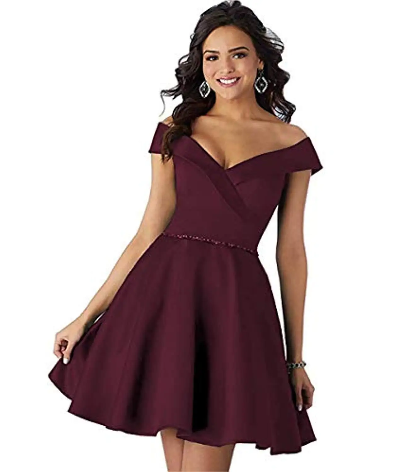 wine red BacklaekGirls/Новинка года; Сатиновые Коктейльные мини-платья с открытыми плечами без рукавов; платье трапециевидной формы; платье для коктейля; платье на шнуровке в морском стиле - Цвет: wine red