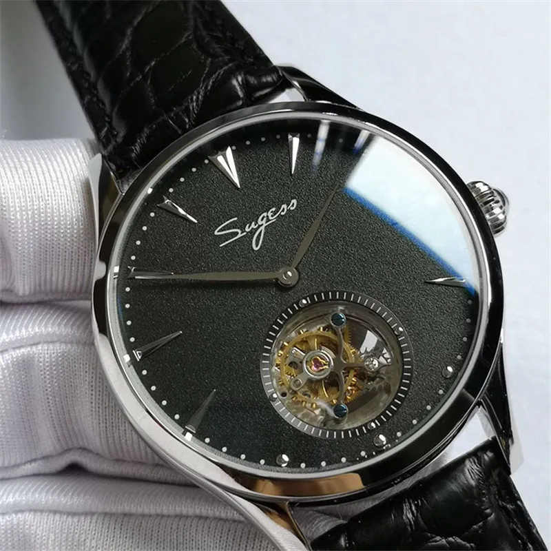 Black Оригинальные мужские часы Tourbillon ST8002 Move, мужские часы из натуральной кожи аллигатора, мужские механические часы от ведущего бренда s Real Tourbillon - Цвет: Black