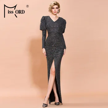 

Missord 2020 Women Sexy V Neck Long Sleeve Dresses Female Elegant Shiny Maxi High Split Bodycon Dress FT19883