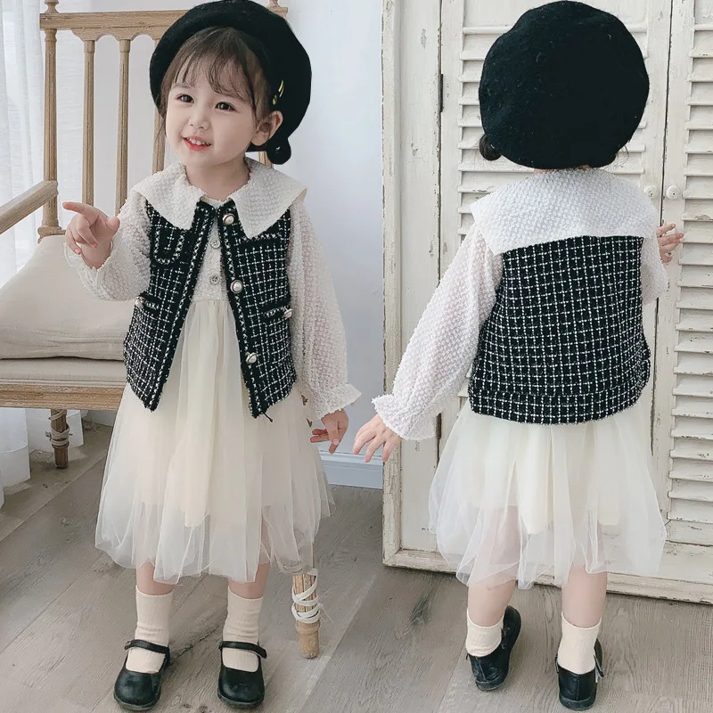

Girls Graceful Set Autumn Clothing Fashionable Children Thousands of Birds Waistcoat Western Style Princess Veil Two-Piece Set F