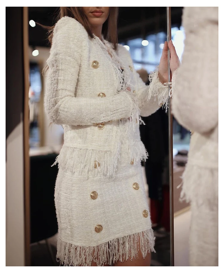 Подиумный брендовый дизайнерский женский твидовый комплект, элегантный OL двубортный пиджак с кисточками, пальто+ высокая талия, облегающая юбка, комплект из 2 предметов