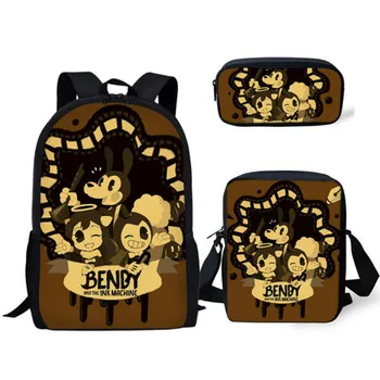 

3PCS Children's Backpack School Bendy and The Ink Pencil Case Large Capacity Machine Pattern School Bags Cartoon Design Student