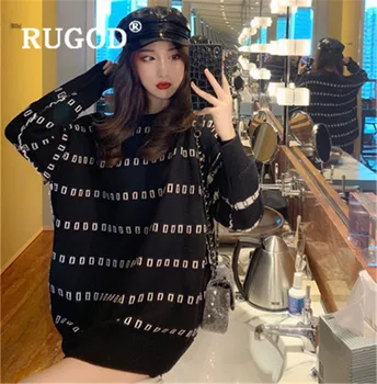 

RUGOD Korean New Style Chic Square Lattice O-neck Plus Size Women Medium Long Knitted Sweater Kpop Clothes Fashion 2019